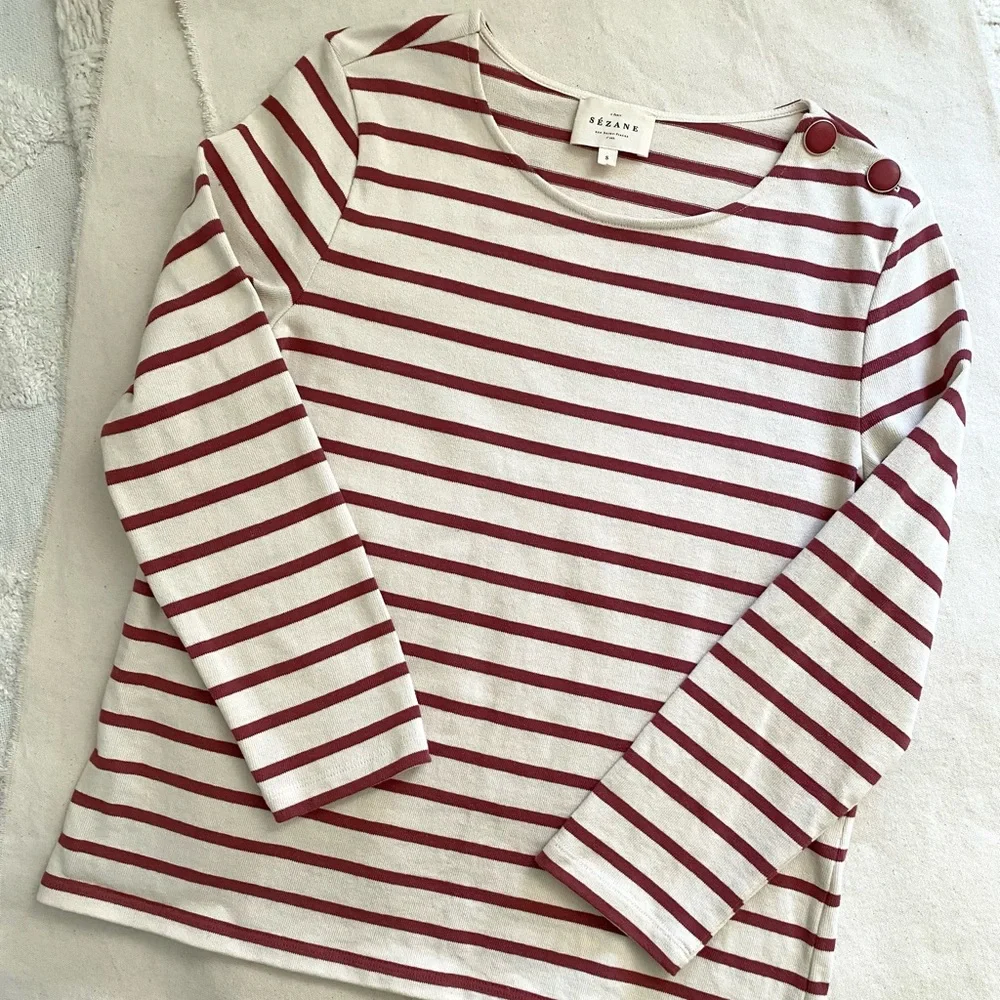 Sézane Colette Marinière Stripe Cotton Shirt in Burgundy Ecru - Picture 4 of 6